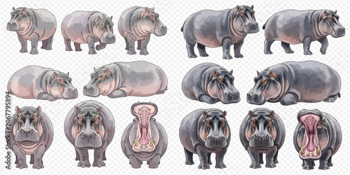 Foto Collection of various hippopotamus poses including standing, lying, and with open mouth, isolated on a transparent background