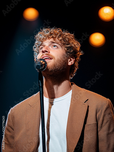 Male vocalist captivating the audience on stage with a spotlight shining bright and a microphone in hand during an electrifying live music performance