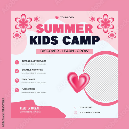 Bright Summer Kids Camp Social Media Post Design for Children Holiday Program