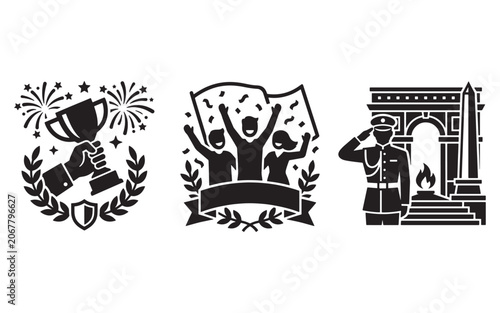 Patriotic Victory Icons Set, Achievement Celebration Vector Pack, National Pride Symbol Vector Collection