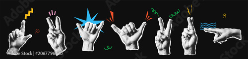 Valokuva Hand gesture collage elements set with retro halftone signs and symbols