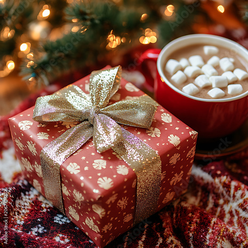 A beautifully wrapped holiday gift accompanied by a warm cup of hot cocoa and twinkling lights creating a festive atmosphere