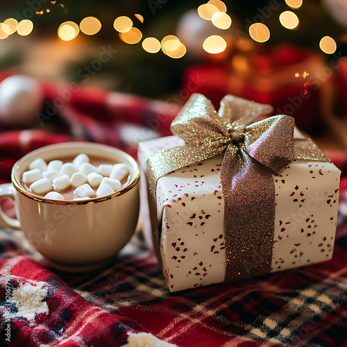 Cozy winter scene with hot chocolate marshmallows and a beautifully wrapped gift on a festive blanket surrounded by holiday lights