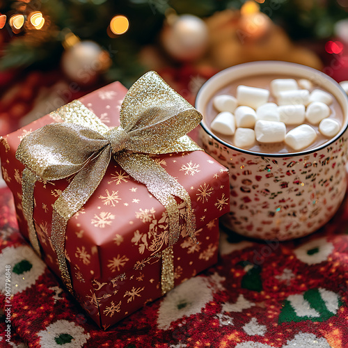 Cozy christmas scene with a gift box and hot chocolate topped with marshmallows surrounded by festive decorations