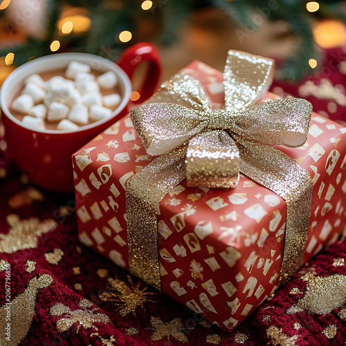 Festive christmas gift box with bow and hot chocolate with marshmallows on cozy red blanket surrounded by holiday lights
