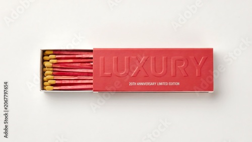 Red matchbox with yellow tipped matches and luxury branding on white surface