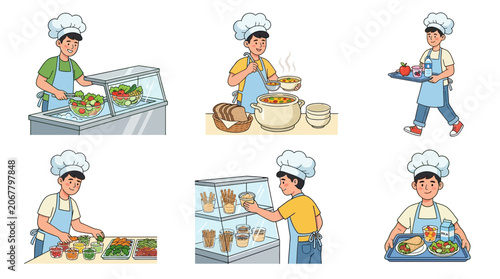 Set of Cartoon Illustrations of a Canteen Worker Preparing and Serving Healthy Meals in a School Cafeteria Food Service
