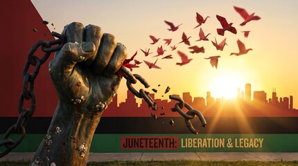 Powerful and symbolic Juneteenth illustration featuring a raised fist breaking chains that transform into birds flying towards a bright sunrise