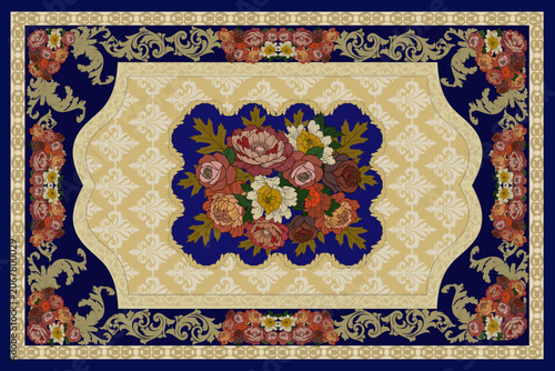 Elegant Vintage Floral Carpet Pattern with Classic Ornamental Frame and Central Flower Bouquet