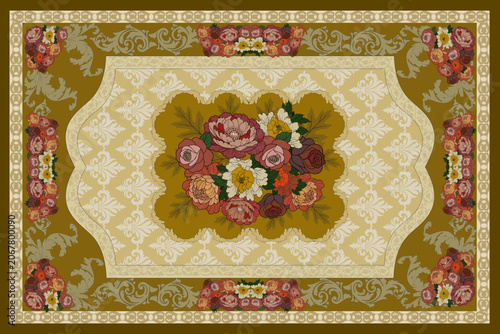 Elegant Vintage Floral Carpet Pattern with Classic Ornamental Frame and Central Flower Bouquet