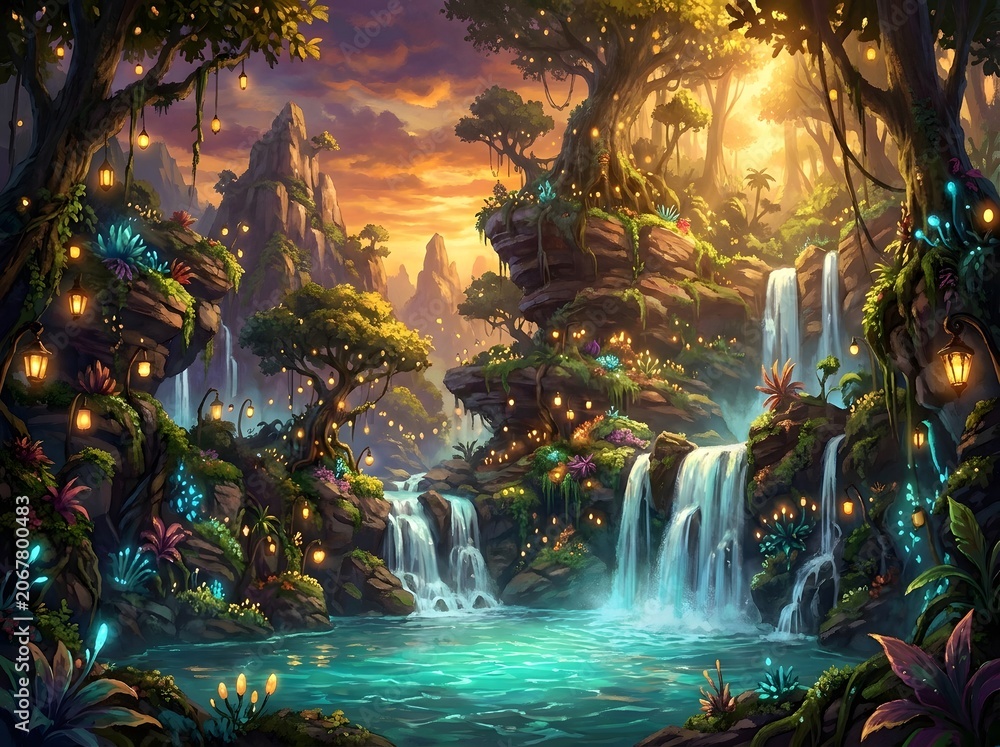 Fototapeta premium Whimsical fantasy jungle waterfall scene at dusk