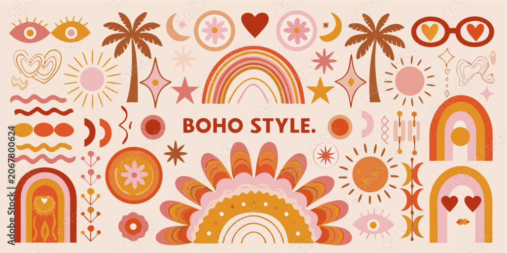 Fototapeta premium Bohemian Pattern With Sun Moon Floral And Geometric Elements Vector Illustration