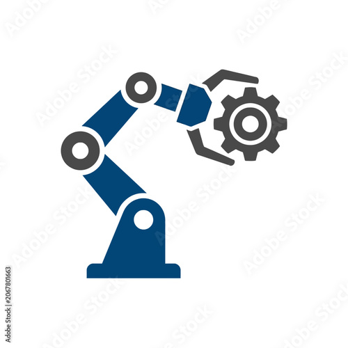 A blue robotic arm holds a dark grey mechanical gear component