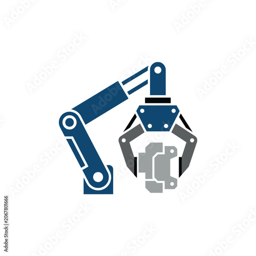 A blue robotic arm holding a mechanical part in the air