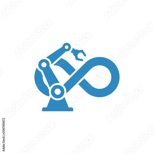 A blue robotic arm forms an infinity symbol on white background