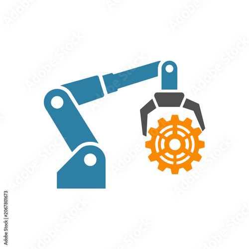 A blue robotic arm holds a bright orange mechanical gear icon