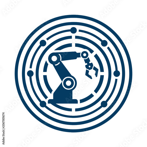 A blue robotic arm icon inside a circular digital network frame