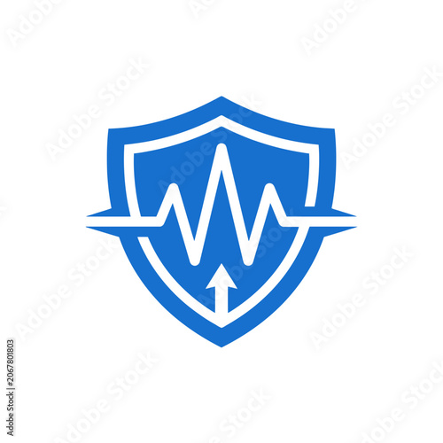 A blue shield icon featuring a central pulse line graphic design