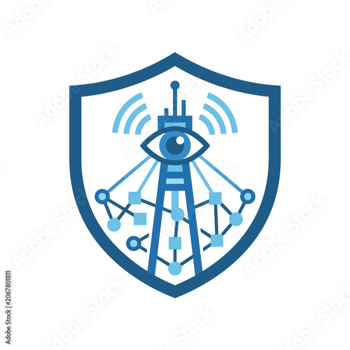 A blue shield icon featuring a central tower and eye symbol