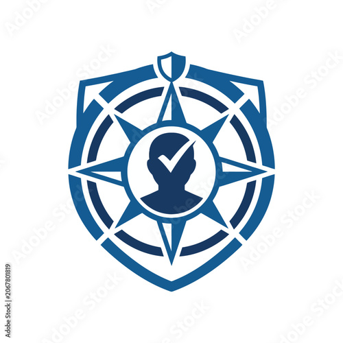 A blue shield icon featuring a compass and human silhouette