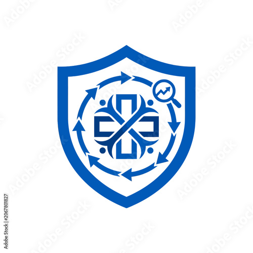 A blue shield icon featuring a circular arrow and magnifying glass