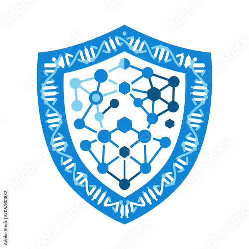 A blue shield icon featuring a complex molecular structure design