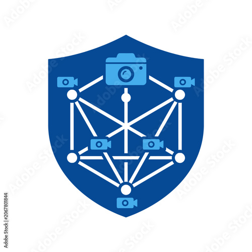 A blue shield icon featuring a connected camera network design