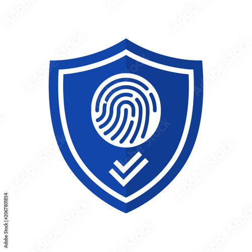 A blue shield icon featuring a fingerprint and check mark symbol