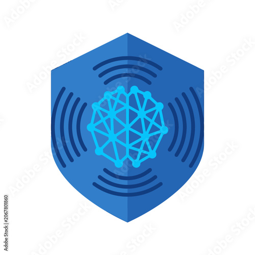 A blue shield icon featuring a digital brain network design