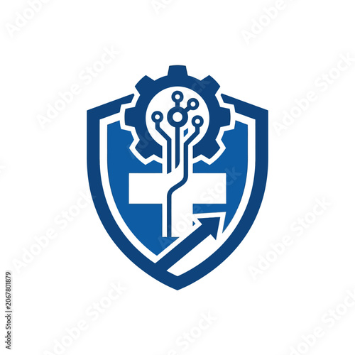 A blue shield icon featuring a gear and circuit board design