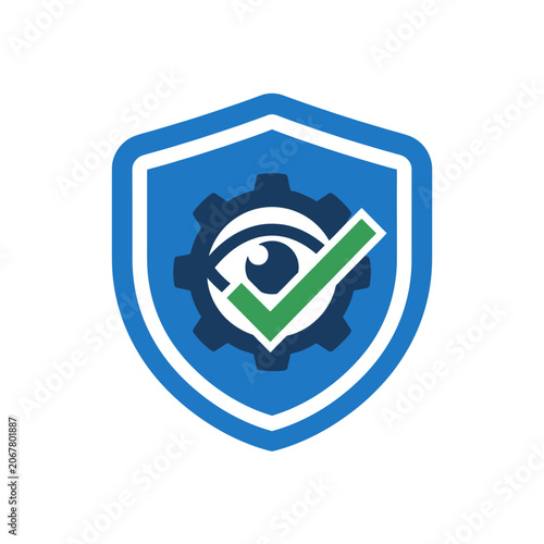 A blue shield icon featuring a gear and a green check mark