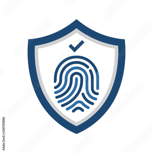 A blue shield icon featuring a fingerprint and check mark symbol