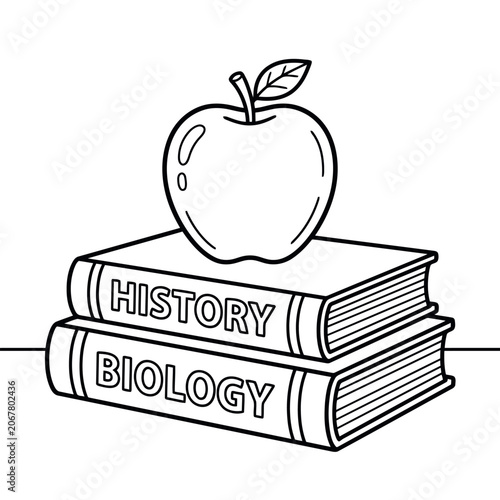 A simple black and white line art illustration of school books apple