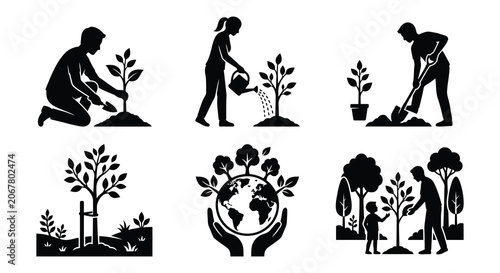 Canvastavla Gardening And Tree Planting Silhouettes Black Vector Illustration