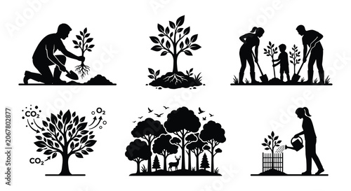 Valokuva Gardening And Tree Planting Silhouettes Black Vector Illustration
