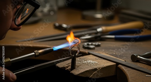 Jeweler meticulously soldering a ring with a torch on a workbench with tools