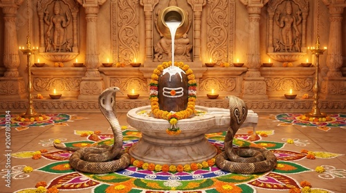 Two cobras pouring milk over a Shiva Lingam during a sacred ritual for Nag Panchami, symbolizing divine blessings and protection with offerings and decorative happy nag