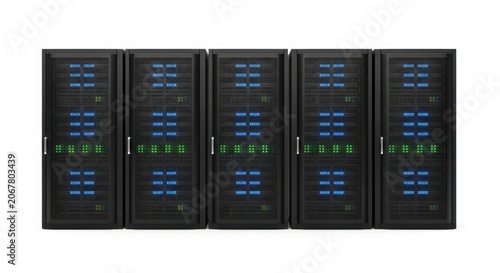 Row of black server computers with blue and green lights