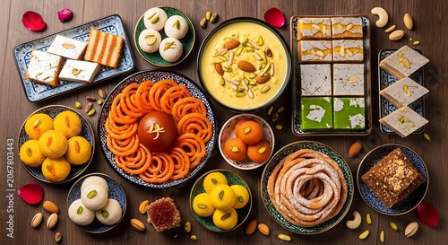 Traditional Indian sweets and desserts variety on wooden background table