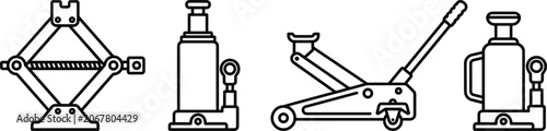 Tableau sur toile Hydraulic Car Jack Mechanical Auto Repair Line Icon Set with Scissor Lift Symbol