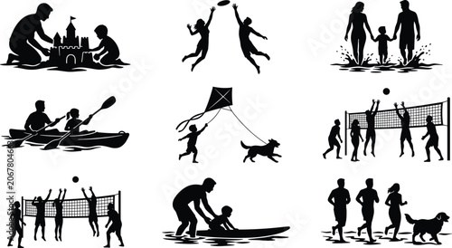 фотографія Outdoor and beach activity silhouette icons with family, sports, and recreationa