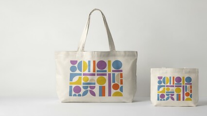 Two white tote bags with colorful geometric patterns on a plain background