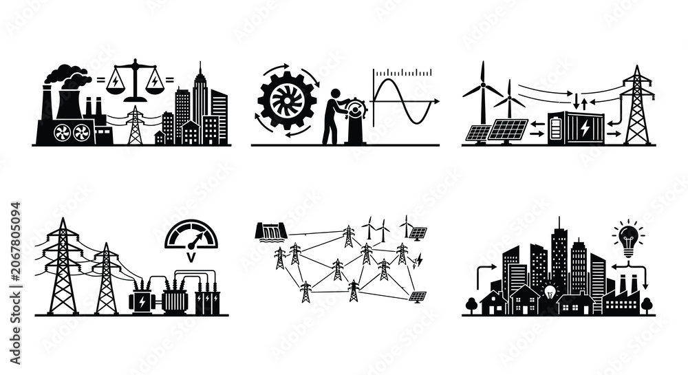Fototapeta premium Energy Infrastructure Vector Illustrations Black And White Power Generation Concepts