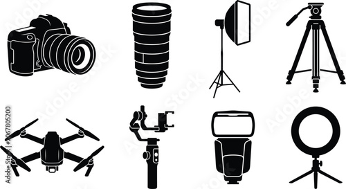 Photos Photography and videography equipment silhouette icons with camera, tripod, dron
