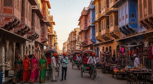 Traditional rickshaws and women in colorful sarees on a street in Jaipur