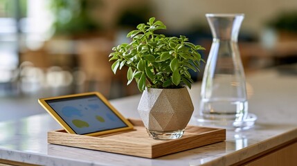 Modern healthcare reception desk with tablet, plant, and water carafe