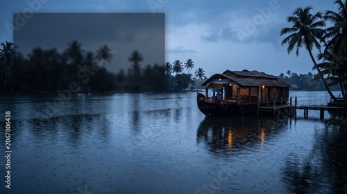 Traditional Kerala houseboat with warm glowing lights docked on a serene backwaters river during twilight monsoon rain with tropical palm trees and copy space
