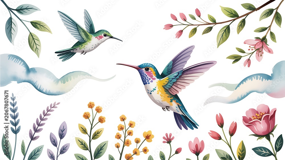 Fototapeta premium Colorful hummingbirds flying among delicate blossoms and green foliage on a bright background
