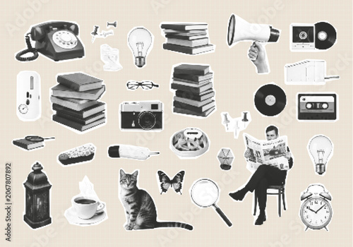 Принти на полотні Vintage collage objects collection, retro halftone lifestyle and media set