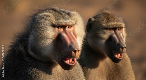 Two baboons with open mouths looking ahead in an African savanna